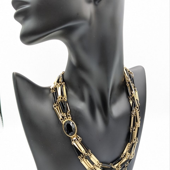 Vintage Black Glass Bugle Bead Multi Strand Gold Tone Chain Necklace 1970s - Picture 6 of 14